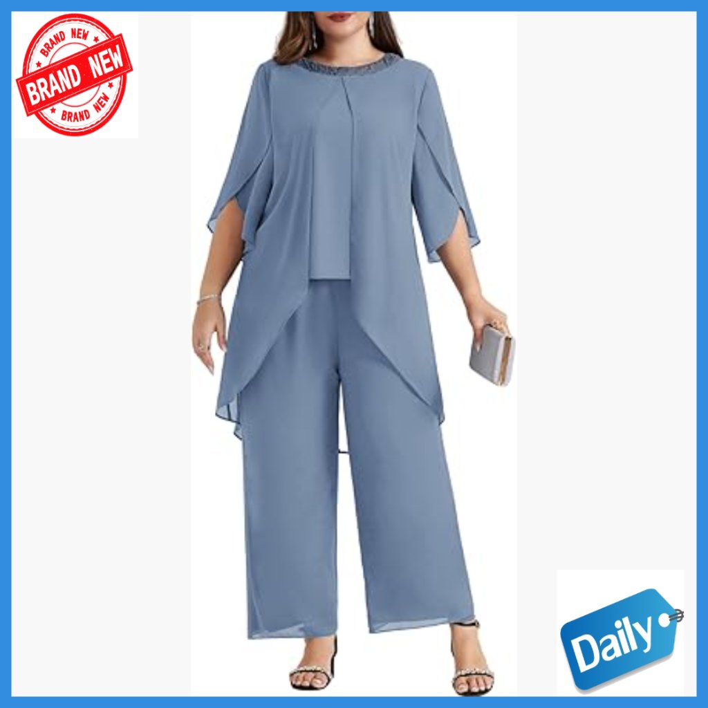 Plus Size Chiffon Pantsuit 2-Piece Set With Sequin Neckline
